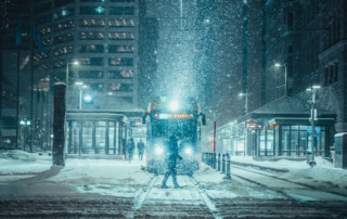 a tram in a wintery climate